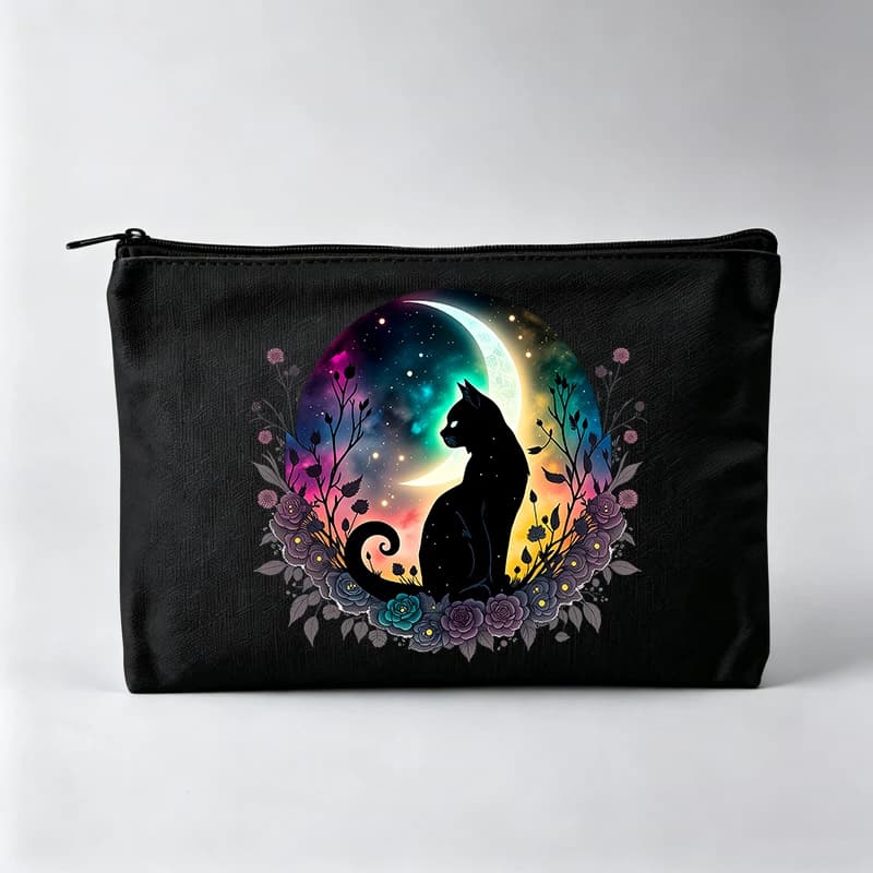 Women's Moonlit Cat Cosmetic Bag with Floral Accents, Artistic Makeup Pouch for Daily Use