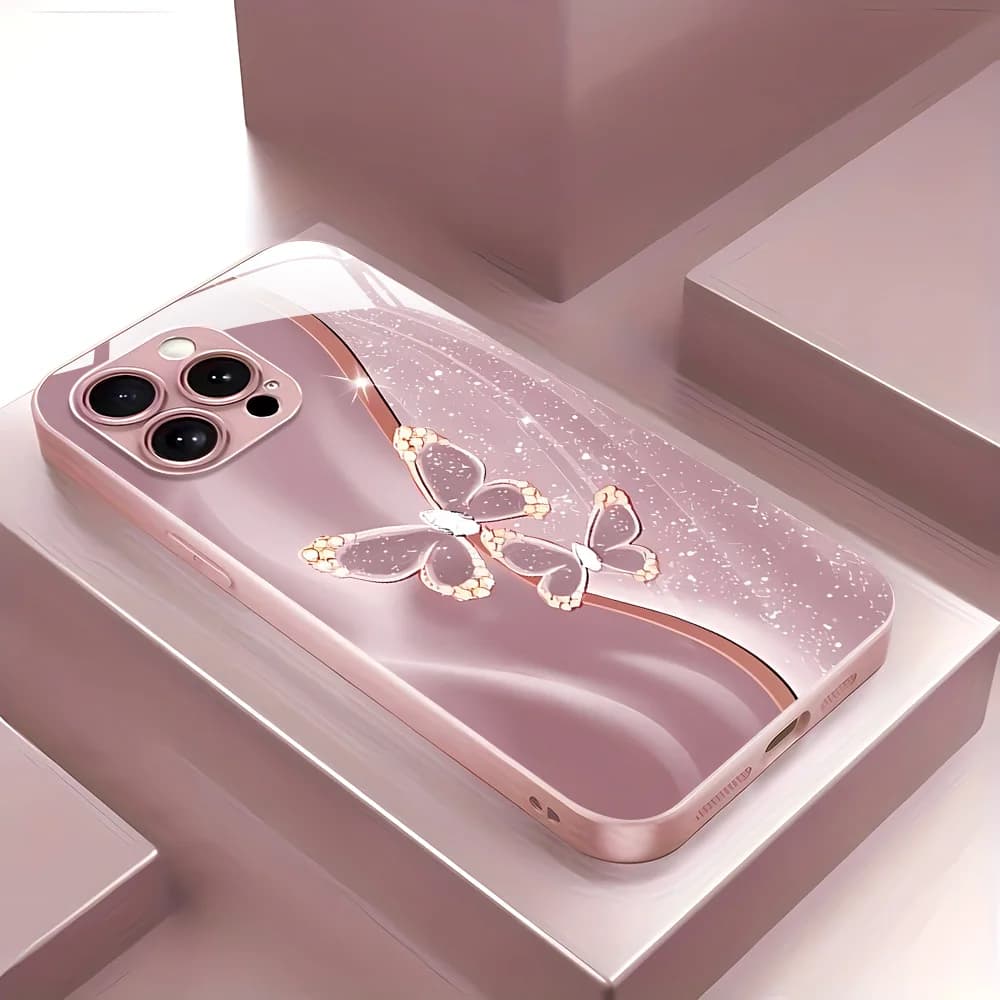 Tempered glass case with pink butterfly for Samsung S24 S25 S26 Ultra A56 5G A55 A53 A54 S23 S22 Plus A33 A35 A36 A13 A17 A16 A26