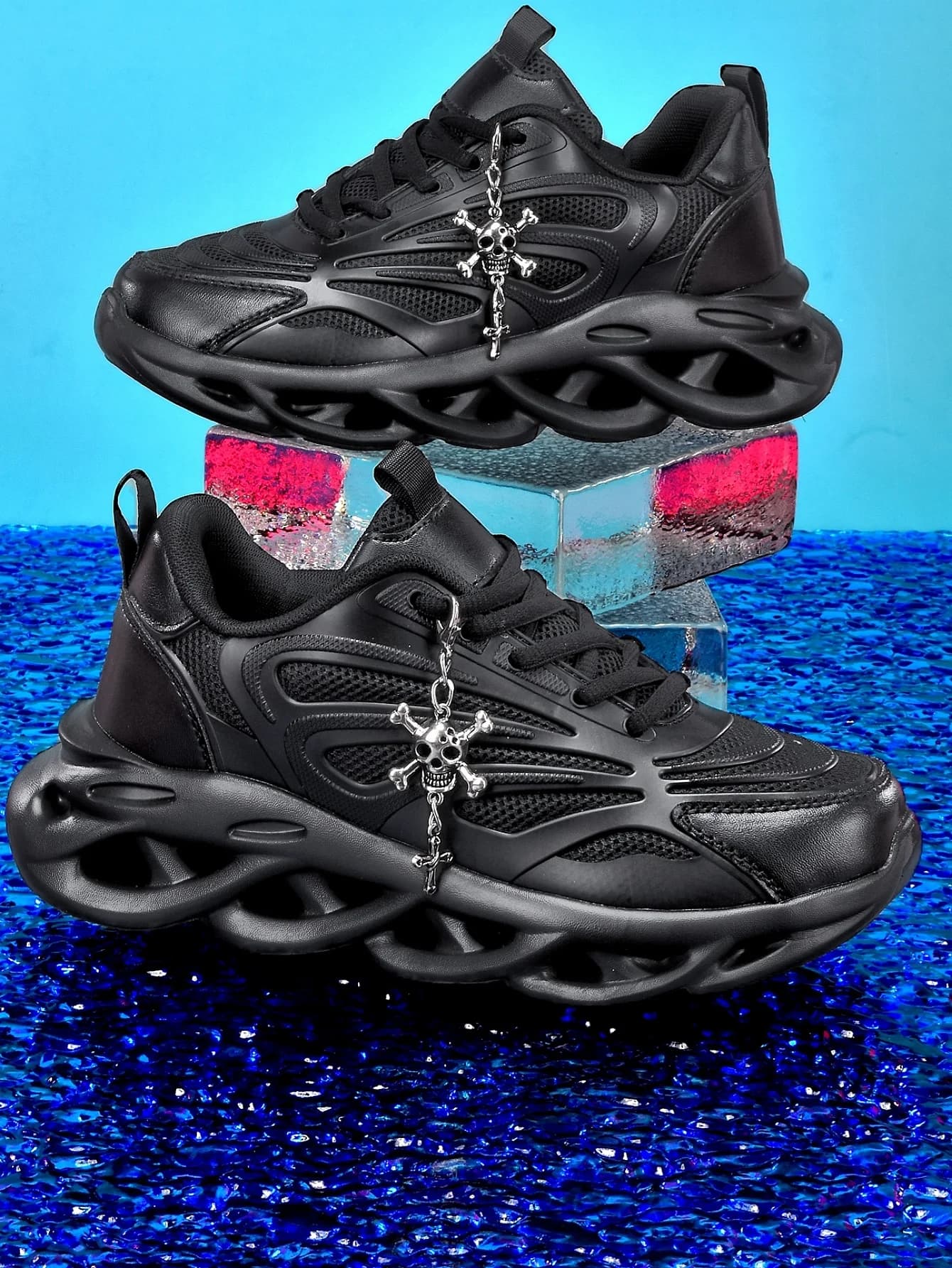 Scarpe da donna con rialzo di 5 cm, stile Dad Shoes Y2K, design cool e dallo stile dark, con decorazioni a teschio e catena in metallo, scarpe trendy con rete traspirante, suola spessa in EVA traforata, sneakers nere comode, stile studentesco per il pendolarismo quotidiano, outfit trendy, suola morbida, antiscivolo, stile street, stile punk, design unico, scarpe casual da donna