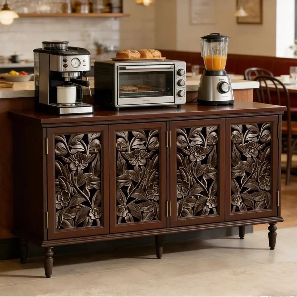Grande Credenza Buffet, Mobile Vintage con 3 Luci Regolabili e Ripiano, Porta Bicchieri da Vino, per