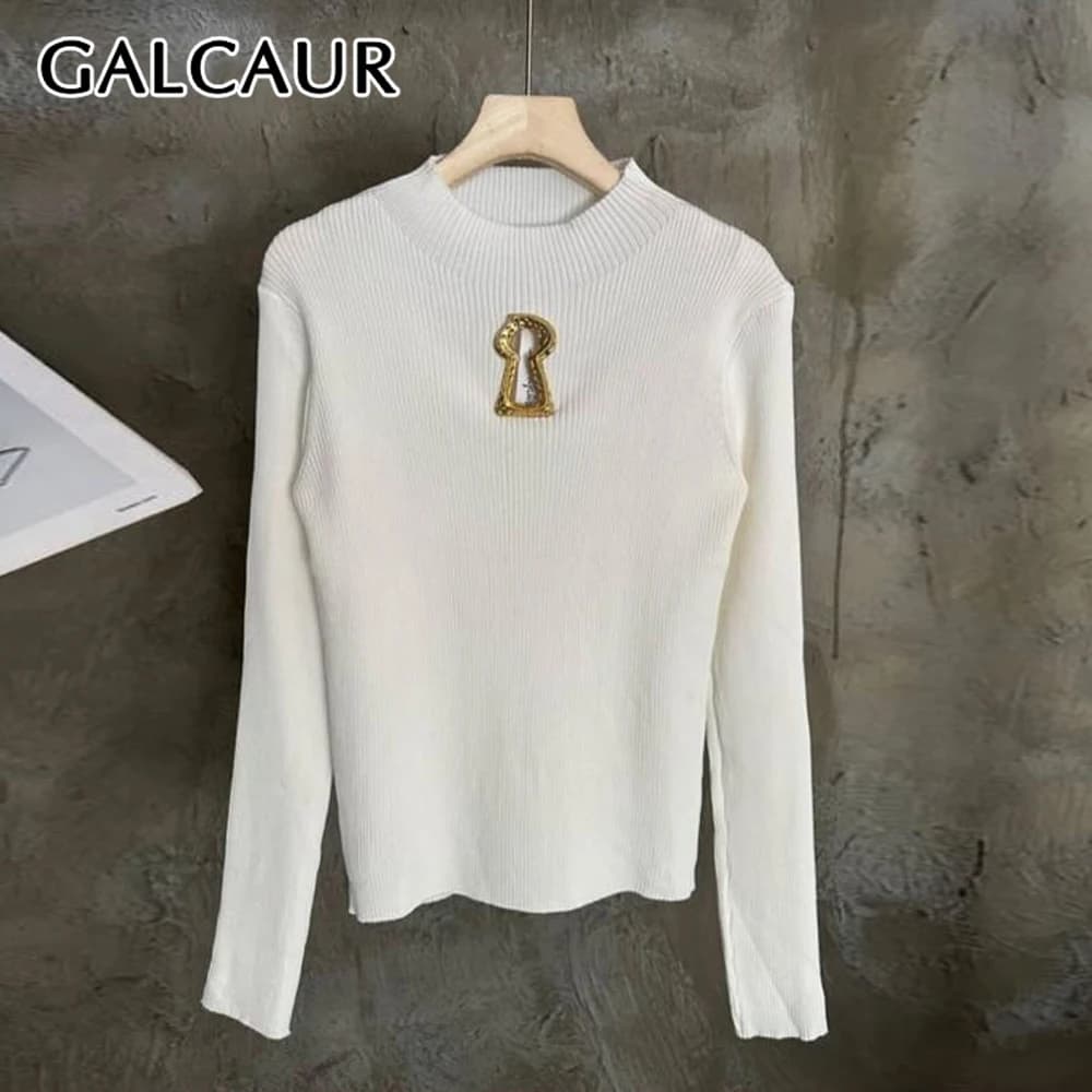 GALCAUR Solid Spliced Hollow Out Sweater Female O Neck Long Sleeve Loose Casual Lazy Women's Sweaters Fashion Autumn New Style