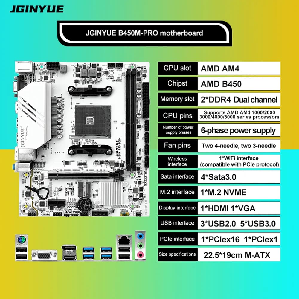 JGINYUE AM4 Motherboard supports AMD Ryzen R3 R5 R7 1/2/3/4/5th CPU processors DDR4 dual channel Memory RAM M-ATX B450M-PRO ARGB