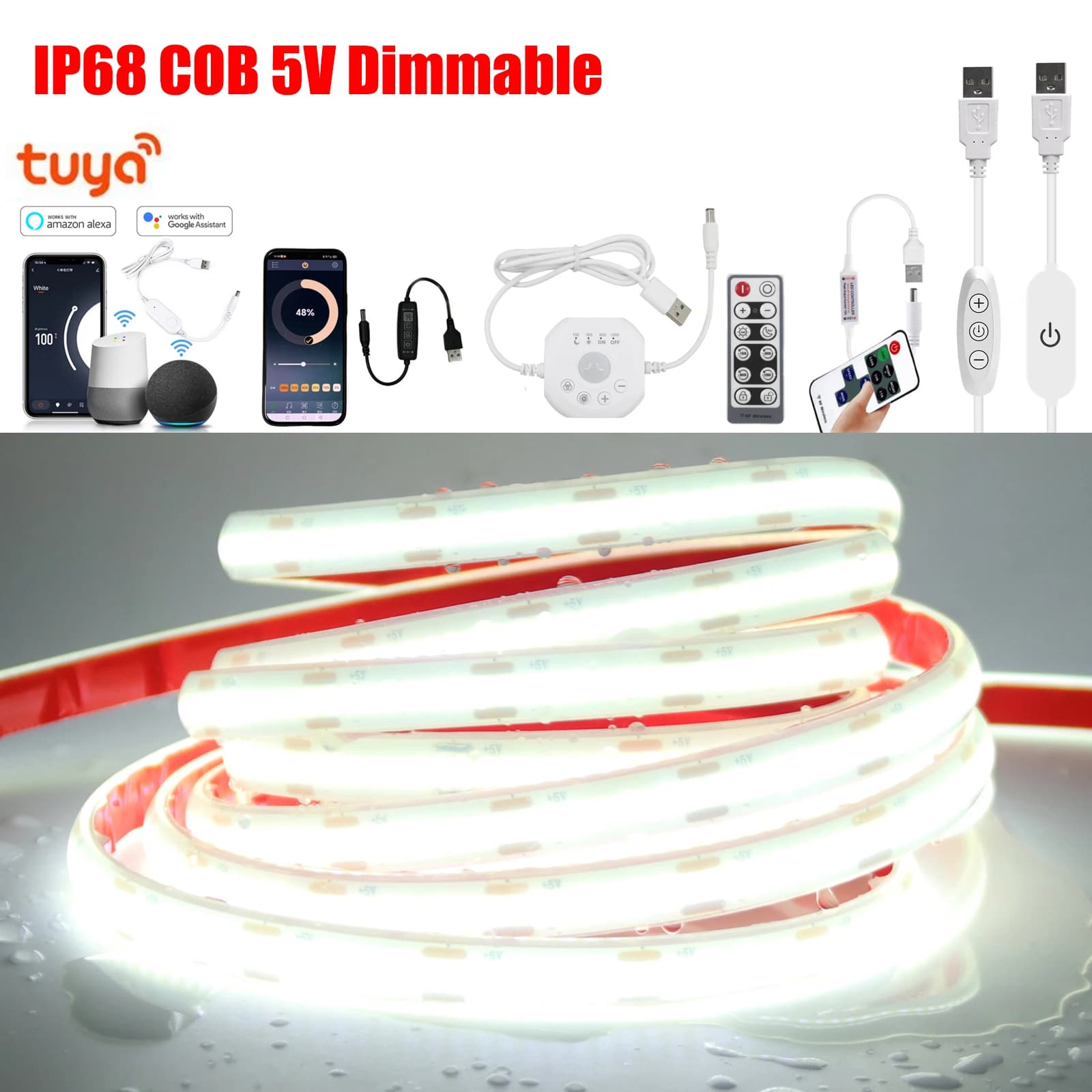 5V Dimmable COB LED Strip IP68 Waterproof Flexible Tape 320LEDs/M High Density Led Ribbon with Dimmer for Bedroom Home Decor