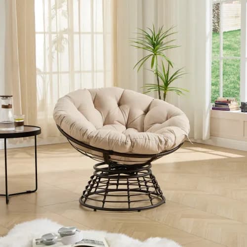 ！@Comfortable Ergonomic Steel Papasan Chair 360 Swivel Modern Portable Outdoor Soft Thick Cushion Brown Frame Beige Cushion