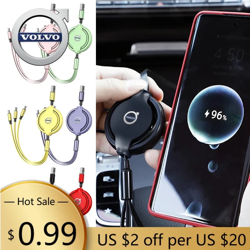 Hub Caps Retrattile 3 in 1 Cavo USB Veloce Caricatore Per Volvo AWD V60 V40 XC90 S60 XC60 S90 V90 CX70 XC40 C40 C70 EX90 Rdesign Ac