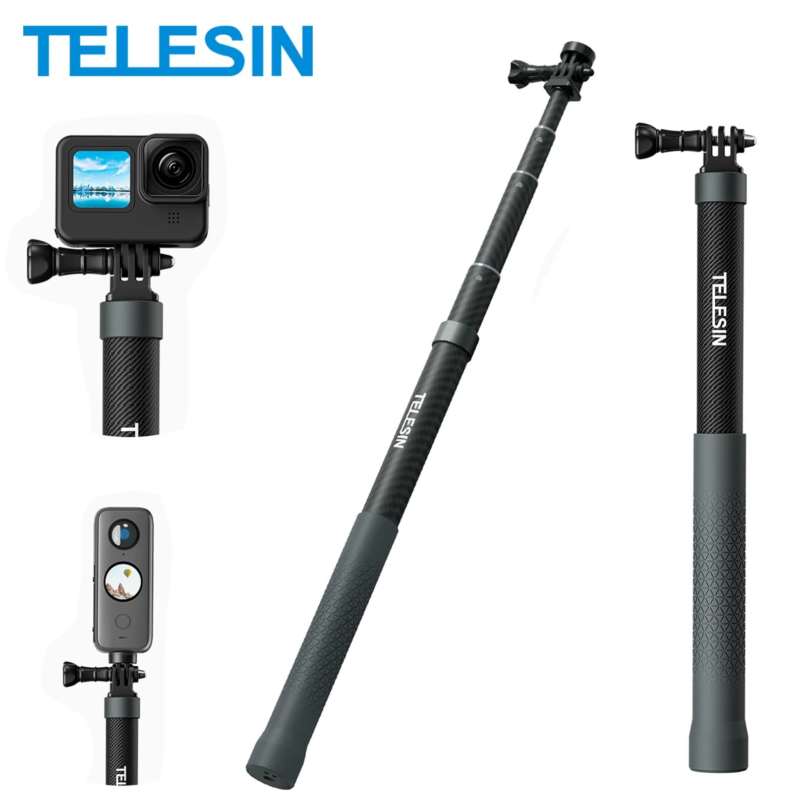 Telescopin 3M 1.2M in fibra di carbonio Selfie Stick monopiede lunghezza di regolazione estensibile con 1/4 vite per GoPro Insta360 DJI Osmo Action