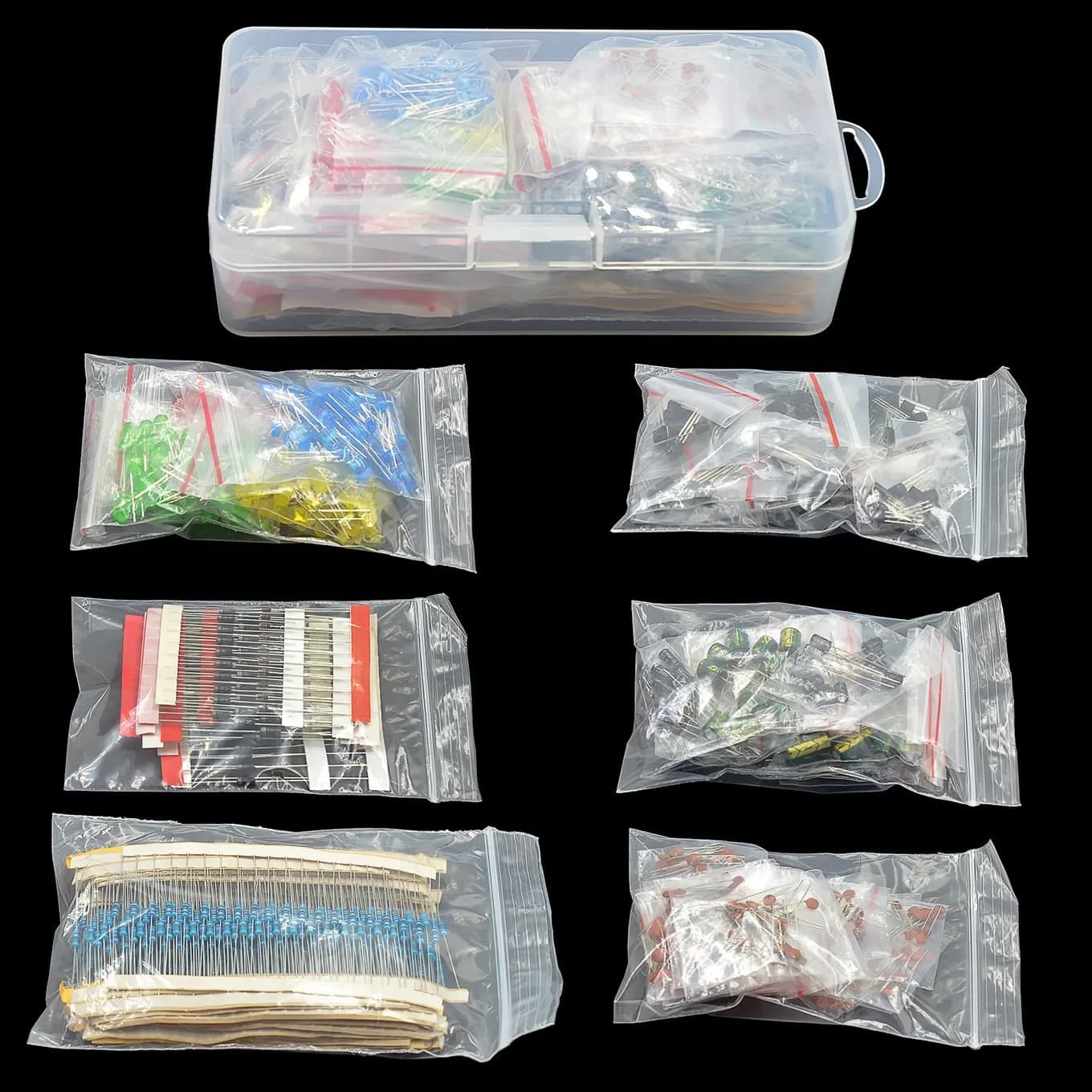 Kit di componenti elettronici Kit di assortimento di resistori a film metallico Diodi led Condensatore elettrolitico Set di ceramici Pacchetto transistor fai da te