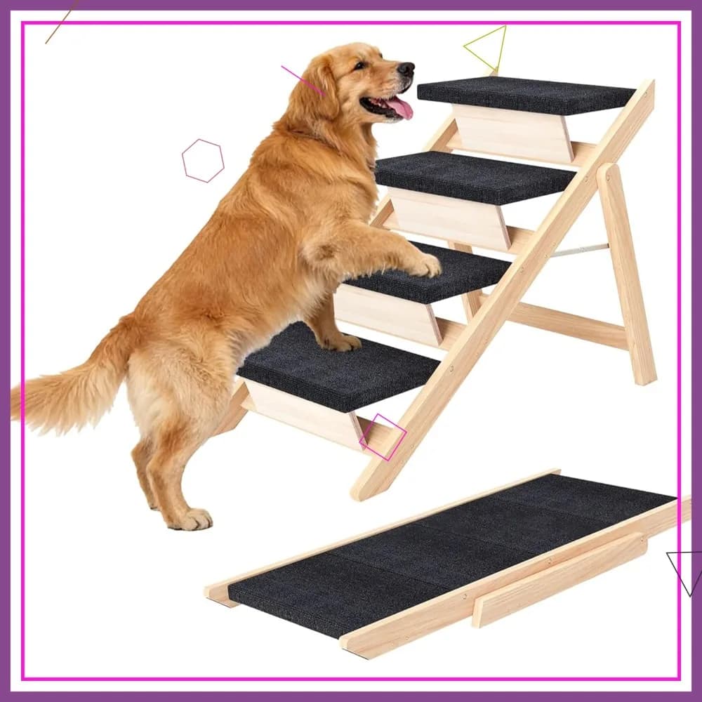 Scala e rampa pieghevole 2 in 1 per animali domestici, scala in legno per cani fino a 80 kg per letto, divano, auto