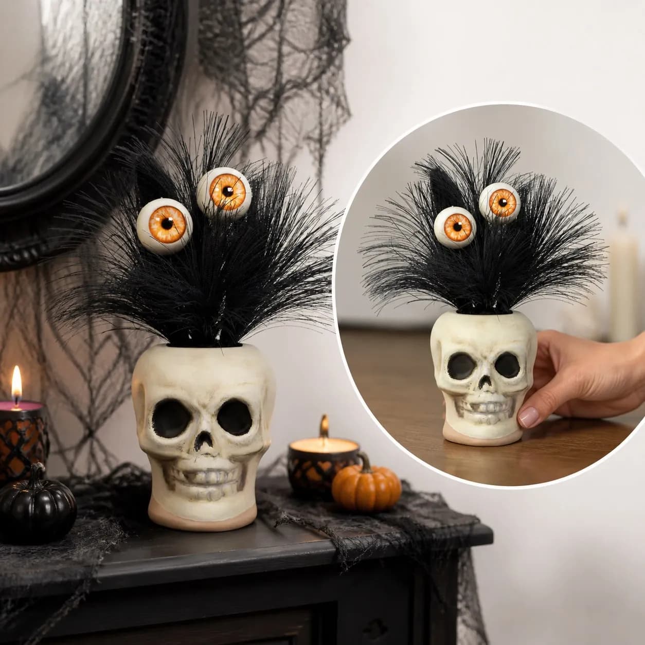 7" Grim Greenery Eyeballs Plastic Skull Pot Needle Like Halloween Artificial Plants