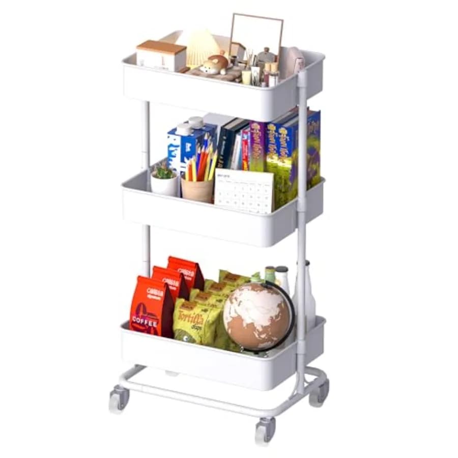 Carrello Metallico a 3 Ripiani con Ruote, Carrello Portaoggetti con Maniglia e Ruote Bloccabili, Cesto Organizzatore con Ripiani