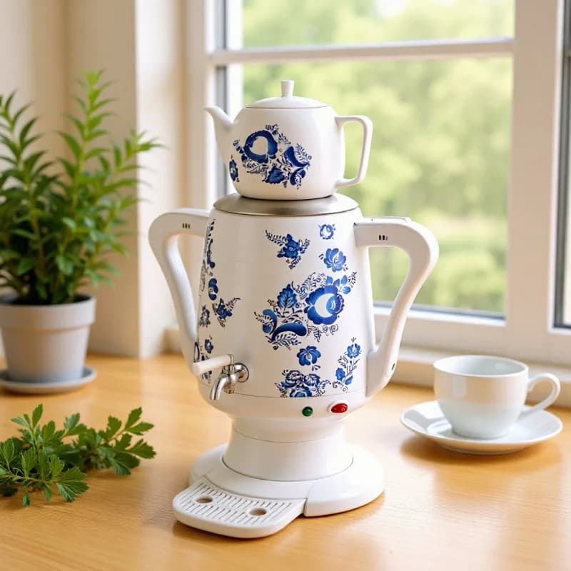 3.5L Double Wall Stainless Steel Electric Kettle White Floral Pattern Russian Turkish Dual Pot Household Boiler