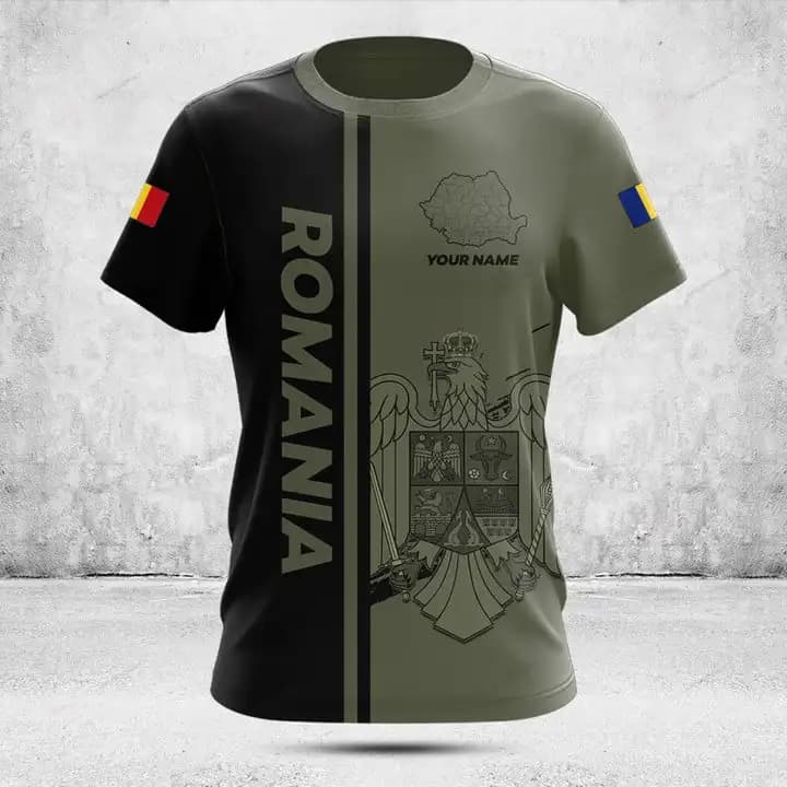 Custom Name Summer Casual Romania Flag ArmyGreen Graphic T-shirts Men's Fashion Jersey Short Sleeve Tops Fast Dry Streetwear