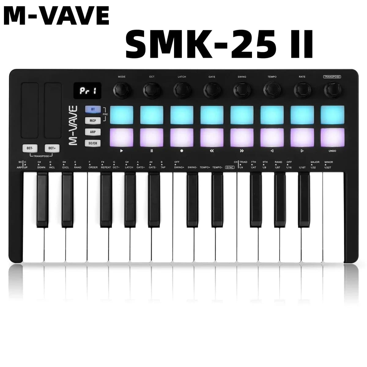 M-VAVE SMK-25 II Controller MIDI Pad USB Mini con 25 Tasti, 16 Drum Pad RGB e 8 Manopole, Software per Produzione Musicale Incluso