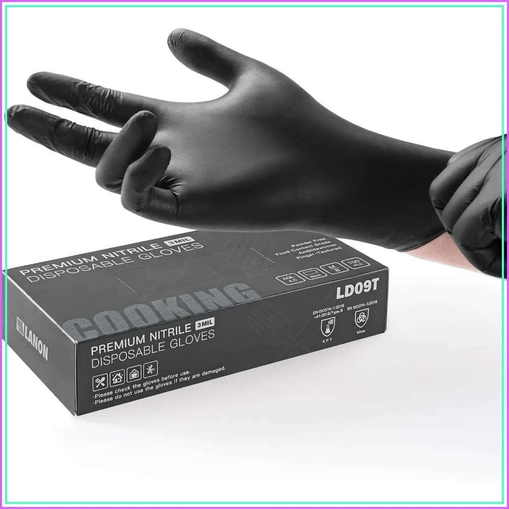 Disposable Nitrile Gloves, Latex-Free, Powder-Free, Food Safe, Textured Fingertips, Black, Medium