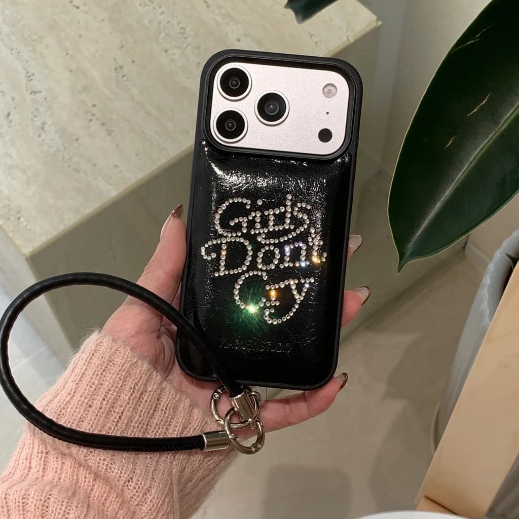Le ragazze alla moda con strass glitterano non piangono in pelle con cordino antiurto per iPhone 17 16 15 14 Pro Max