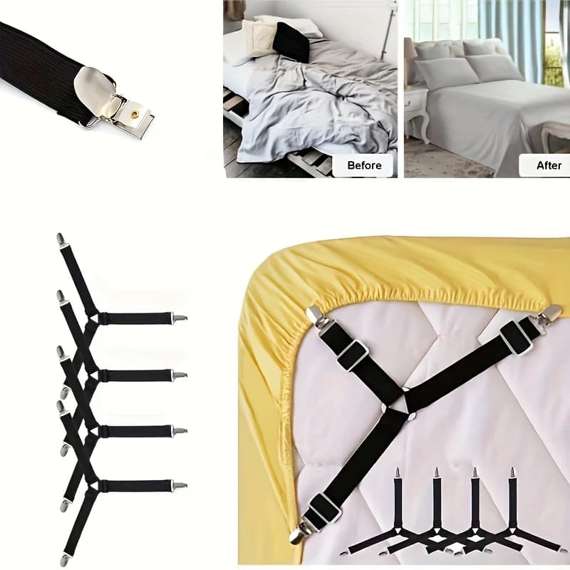 4 Pezzi di Cinghie Elastiche Regolabili per Fissare le Lenzuola con Fibbie e Clip di Fissaggio per Lenzuola Stropicciate e Materasso
