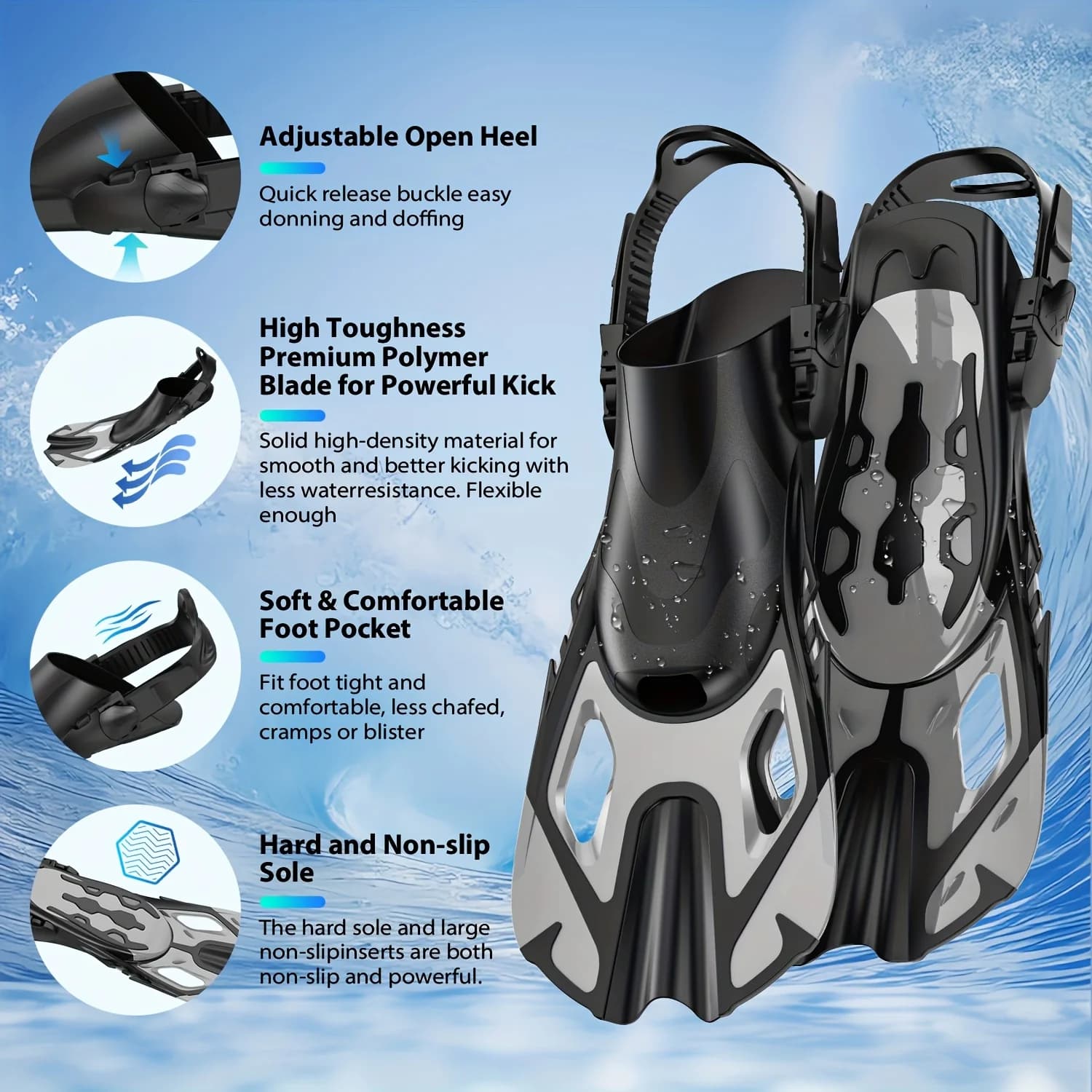 Swim Pins Snorkeling Frog Shoes for Short Dives duck web Adjustable silicone travel size Open heel for adult men Women Young