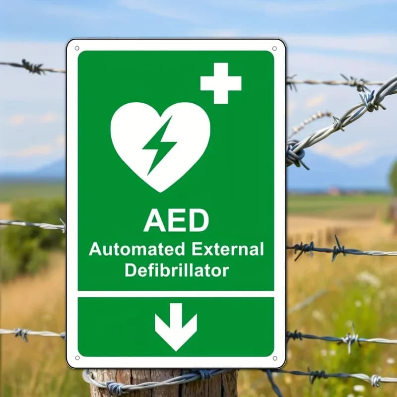 Targa AED, targa in metallo piatta 2D – Targa di emergenza con freccia verso il basso per defibrillatore esterno automatico, decorazione da parete 20x30 cm