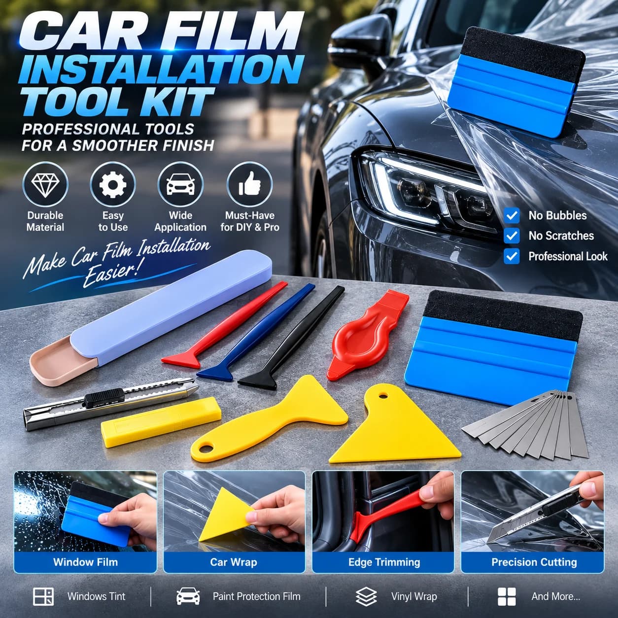 9Pcs Car Vinyl Wrap Tool Kit Window Tinting Felt Squeegee Scraper Cutter Utility Knife Auto Film Installation Tools