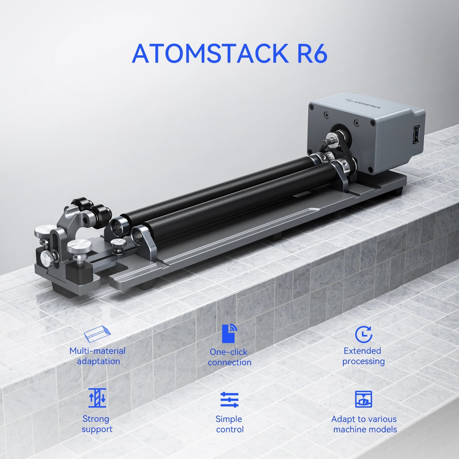 ATOMSTACK R6 Laser Rotary Roller Jaw Chuck Attachment for Engraving Cylindrical Objects like Wine Glasses Baseball Bats Rings