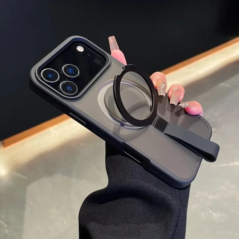 Luxury Matte Metal Ring Magnetic Stand Holder Case For iPhone 17 Pro Max 16 15 14 13 12 11 17Air Transparent Wrist Strap Cover