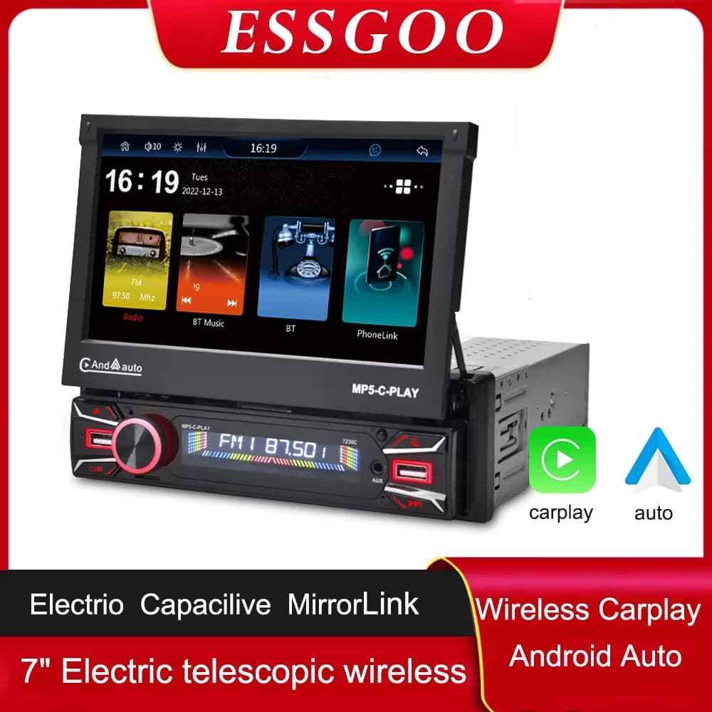 Lettore MP5 per auto da 7 pollici Schermo retrattile Wireless Carplay Autoradio Bluetooth 5.1 Radio Ricevitore stereo automobilistico Accessori per auto