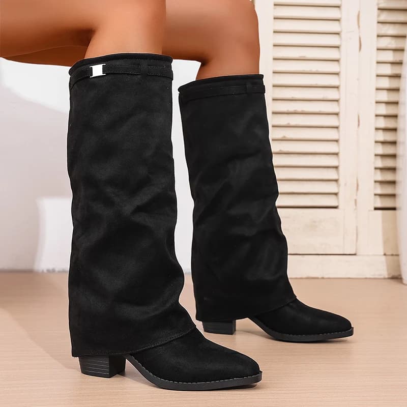 Women's Fashion Slip On Knee Boots with High Heel Women's Autumn Winter High Tube Pilot Boots Women's Pointe Heel Chunky Heel Long Botas