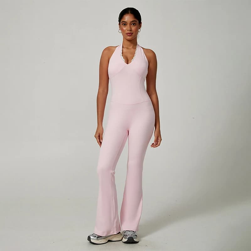 Nuova Tuta Intera da Donna per Pilates e Yoga con Scollo a V Halter, Dettagli in Pizzo, Sexy, con Vita Stretta, Elegante, Tinta Unita, per Allenamento Sportivo