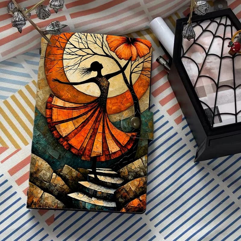 Elegant Abstract Dancer Tree Mosaic Art Print Leather Notebook, Buckle Closure Hardcover Journal Diary Planner Notepad For Women
