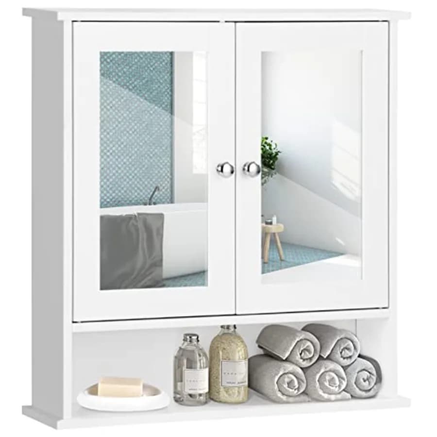 Bathroom Cabinet Wall Mount, Wooden Medicine Cabinet with 2 Mirror Doors, Adjustable Shelf, Open Compartment, for Laundry, Livi