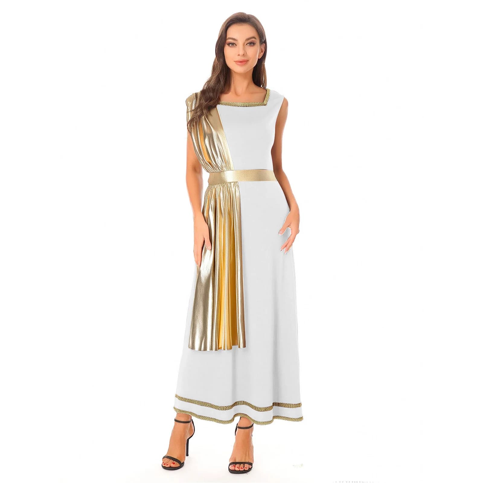 Women Ancient Greek Roman Tunic Robe Toga Square Neck Sleeveless Gold Trim Drape Patchwork Long Dress for Halloween Cosplay