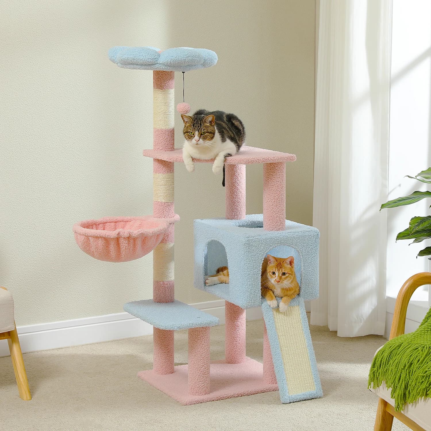 Albero per gatti con fiori, torre per gatti multilivello con tiragraffi in sisal, amaca, rampa, pesce persico superiore, condo per gatti per interni, giocattoli per gattini