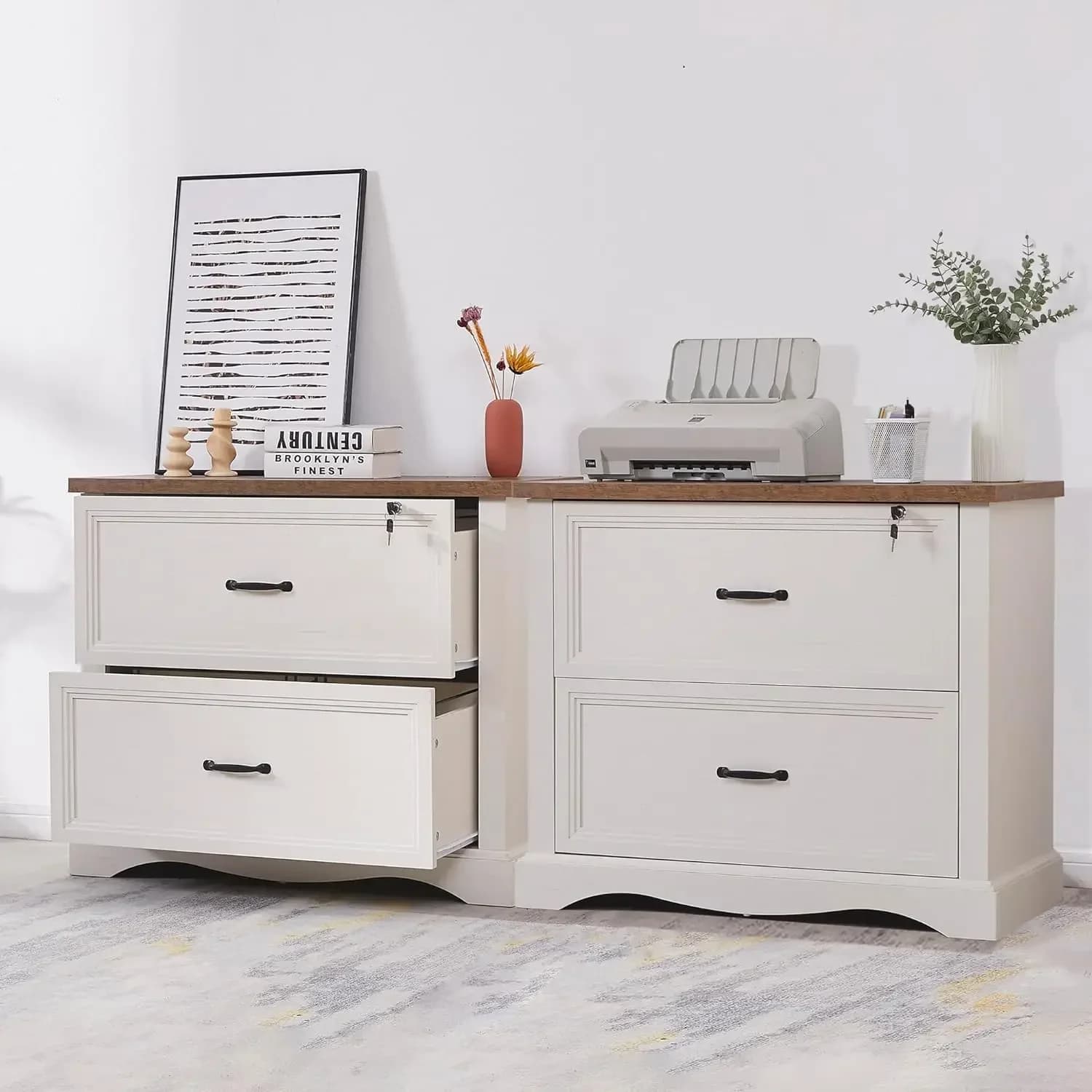 34.6" Farmhouse File Cabinet,Wood File Cabinet with Hanging File Folders,Top Drawer Lockable,Lateral Filing Cabinet for Home Off