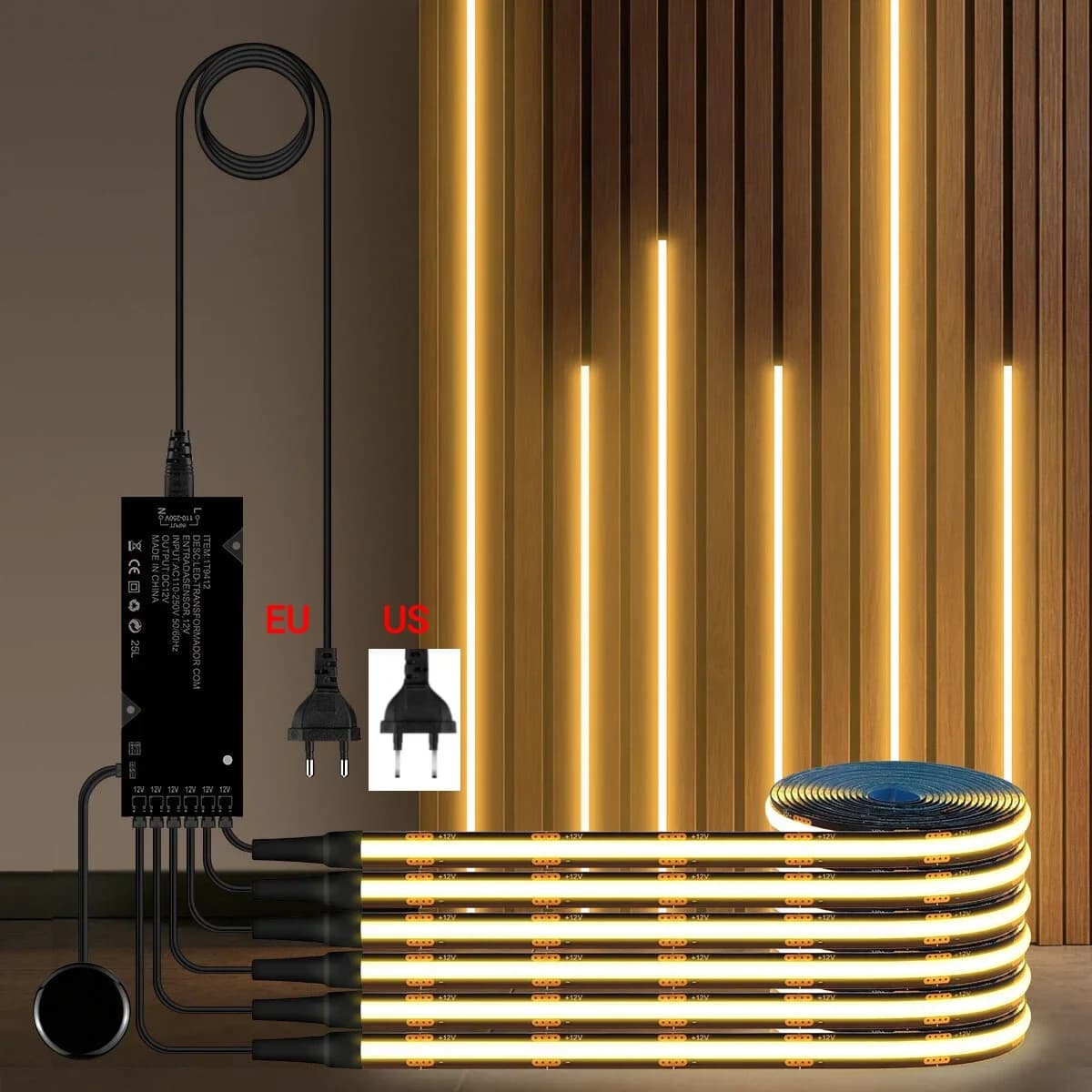 Striscia LED COB Decorativa per Parete a Reticolo di Noce, 1-10 Pezzi, PCB Nero con Adesivo Posteriore, Design con Interruttore Touch Dimmerabile
