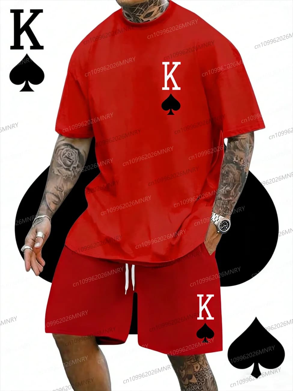 Men's suit with short sleeves, set 2 casual pieces with Fashion King print, breathable crew neck t-shirt and sports shorts