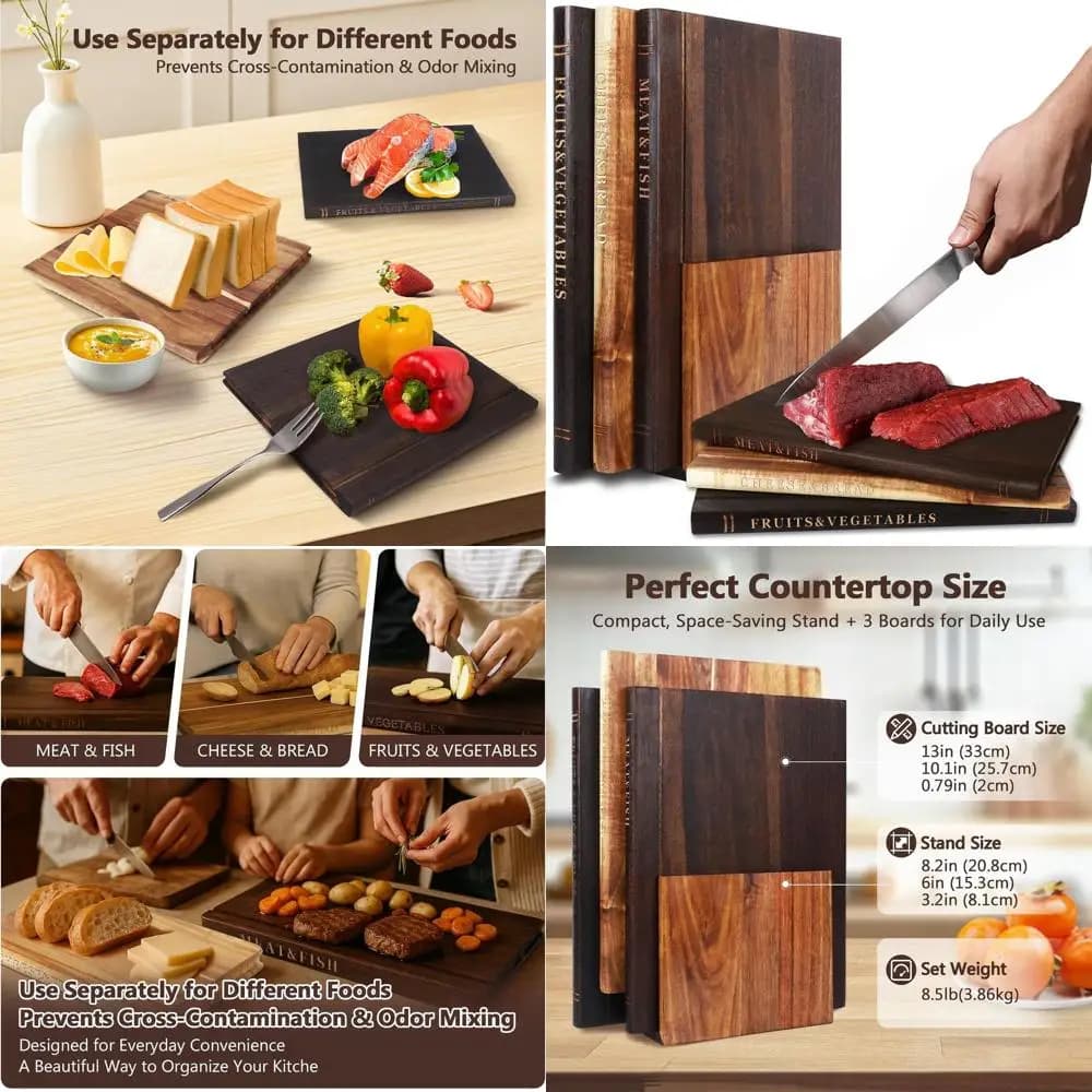 Set of 3 Sizes in Acacia Book Shape with Support, Elegant and Unique Kitchen Furniture