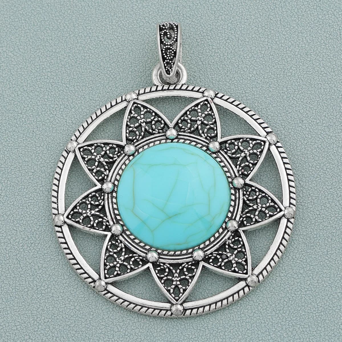3pcs Silver Bohemian Large Imitation Stone Flower Round Charms Pendants for DIY Necklace Jewelry Making Findings