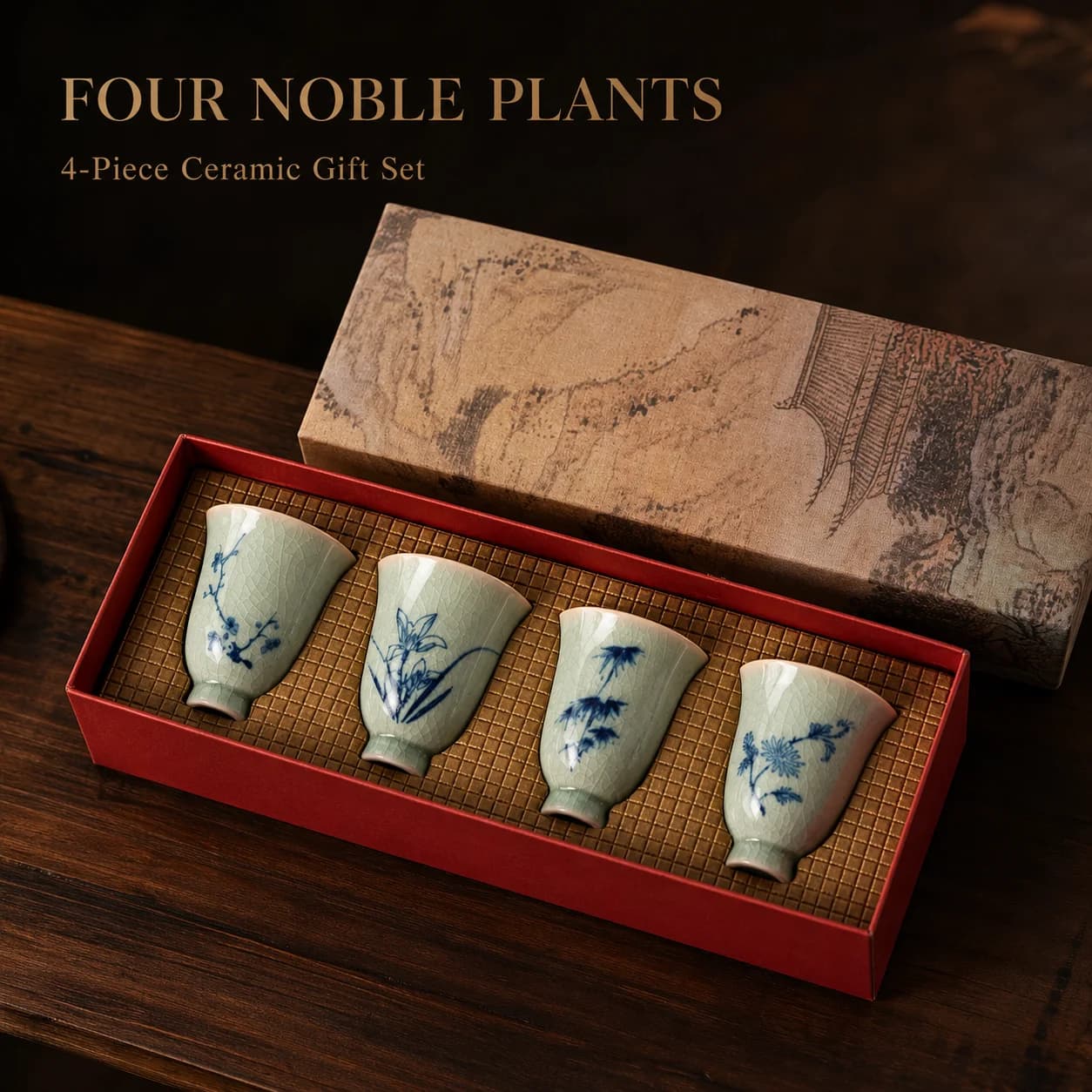 Unique Chinese Four Noble Plants Ceramic Tea Cup for Kungfu Tea - Premium Handmade Heat Resistant Durable Non-slip Gift Box Set
