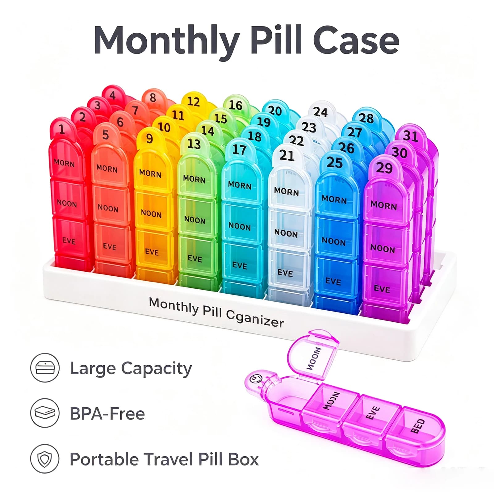 Monthly Pill Box Pill Storage Box Organiser 4 Times A Day Medicine Box, One Month Medicine Organizer, Hold Vitamins, Supplements, Medication