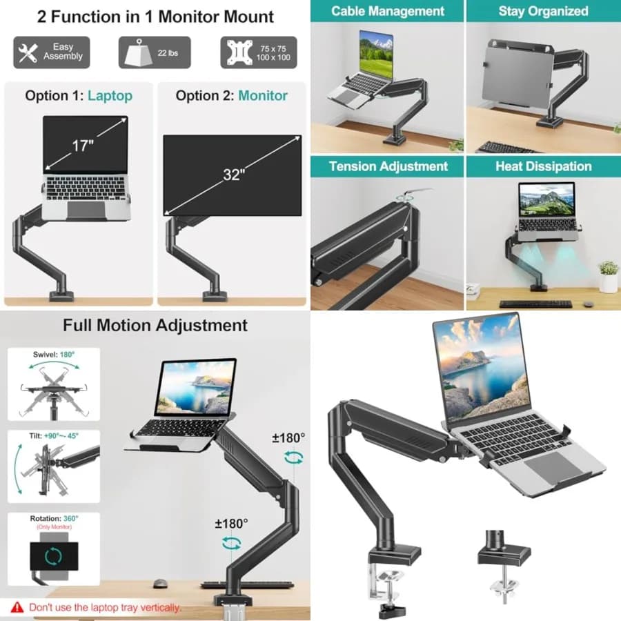 Supporto per Laptop da Scrivania, Stand 2 in 1 per Monitor e Laptop, Adatto per Notebook fino a 17 Pollici e Schermi di Computer fino a 32 Pollici, in Alluminio Singolo M