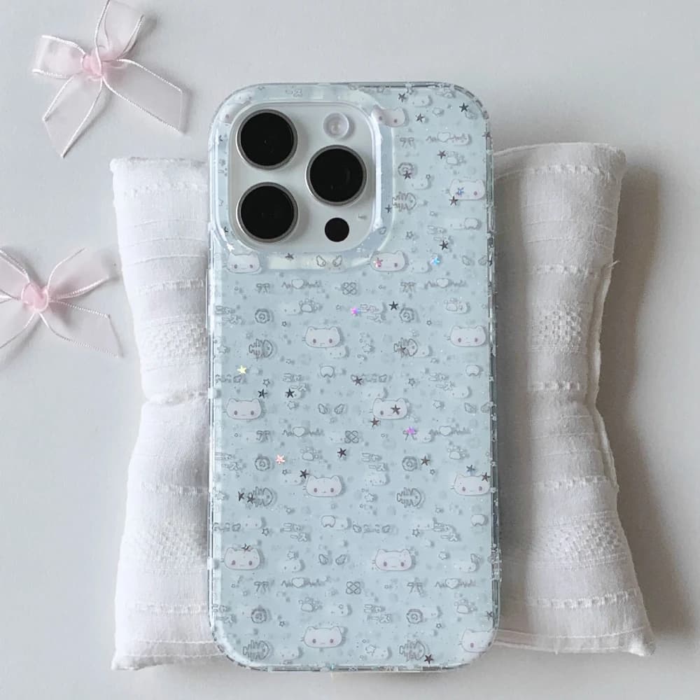 Cute Cat Blue Phone Case for iPhone 17 Air Pro Max 16 15 14 13 12 11 XS MAX XR Lovely Cartoon Pattern Glitter Star Protect Cover