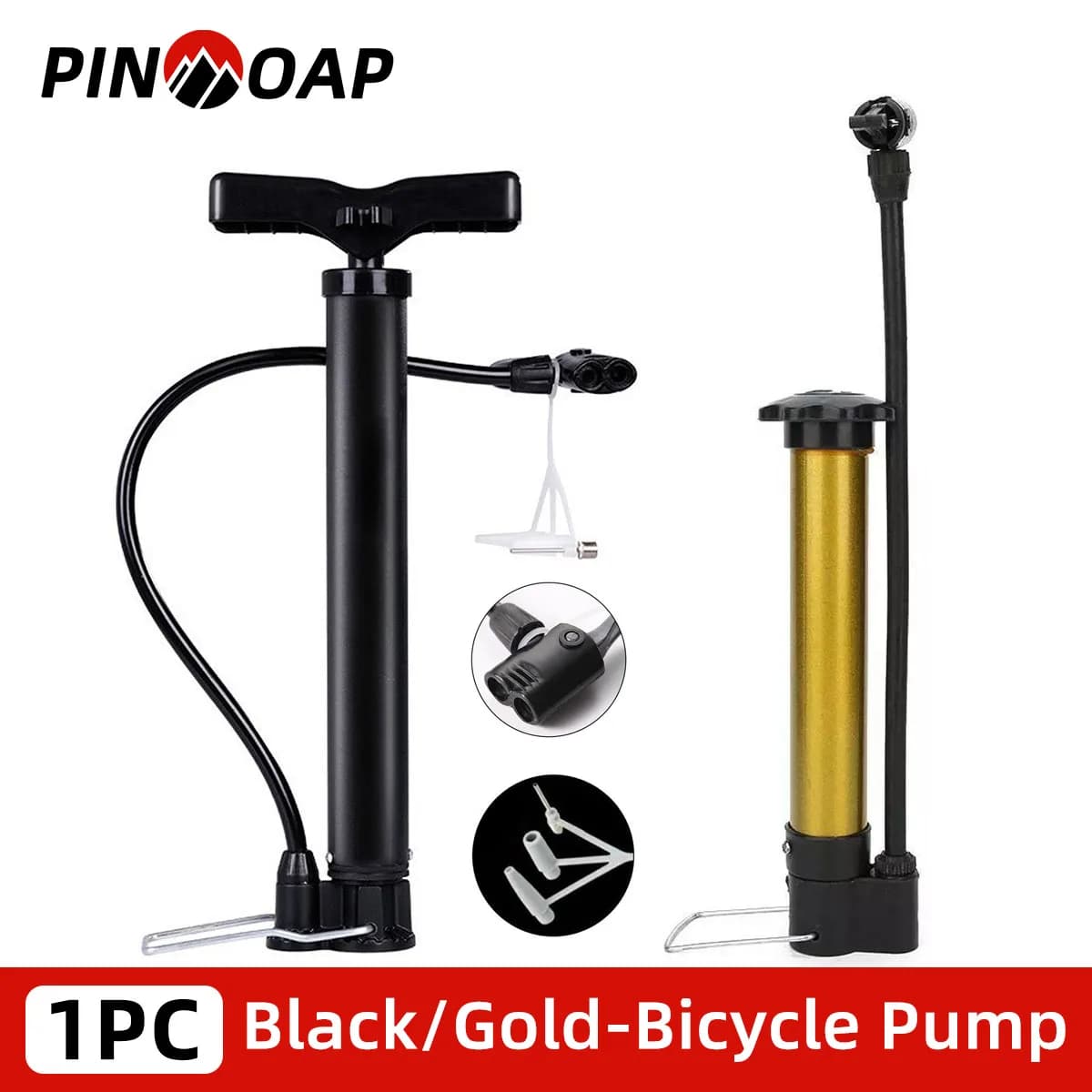 PINMOAP 1PC Gonfiatore per bicicletta nero/oro, comodo gonfiatore manuale multifunzionale, strumento gonfiatore essenziale per il ciclismo