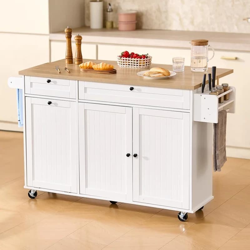 Carrello da Cucina Mobile 60 con Isola e Spazio di Stoccaggio – Piano Ribaltabile, 2 Cassetti, Contenitore per Rifiuti, Portacoltelli, Portaspezie e Portasciugamani, Ruote