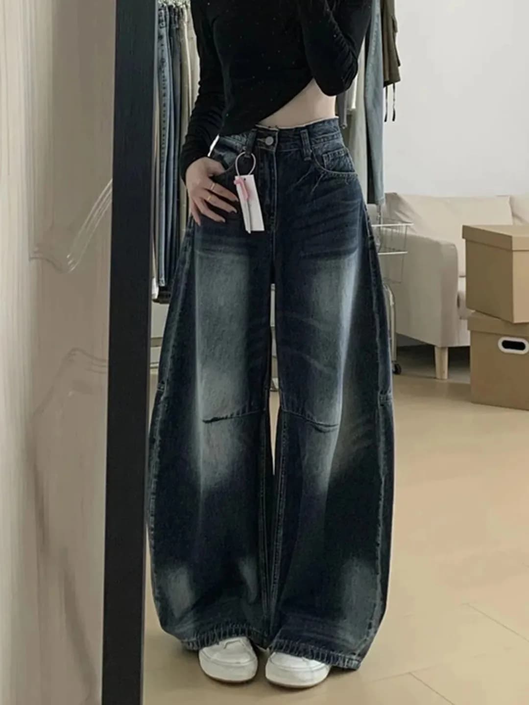 Jeans a Vita Alta e Gamba Larga per Donna, Pantaloni Lunghi Stile Vintage con Effetto Snellente, Design Spicy Girl