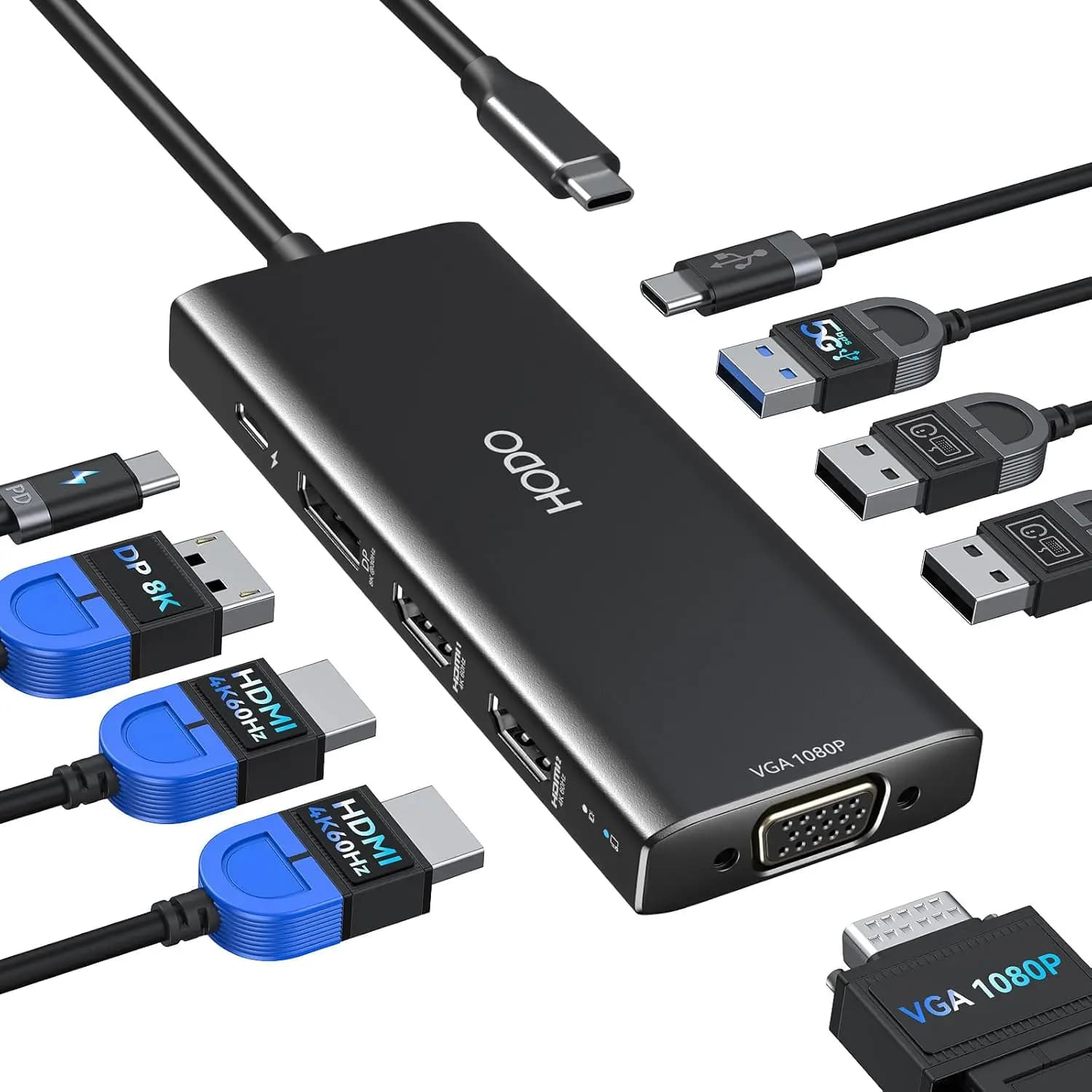 Docking Station USB-C 9-in-1 con Doppio HDMI 4K, DP 8K, VGA, 4 Porte USB e Ricarica PD per Laptop