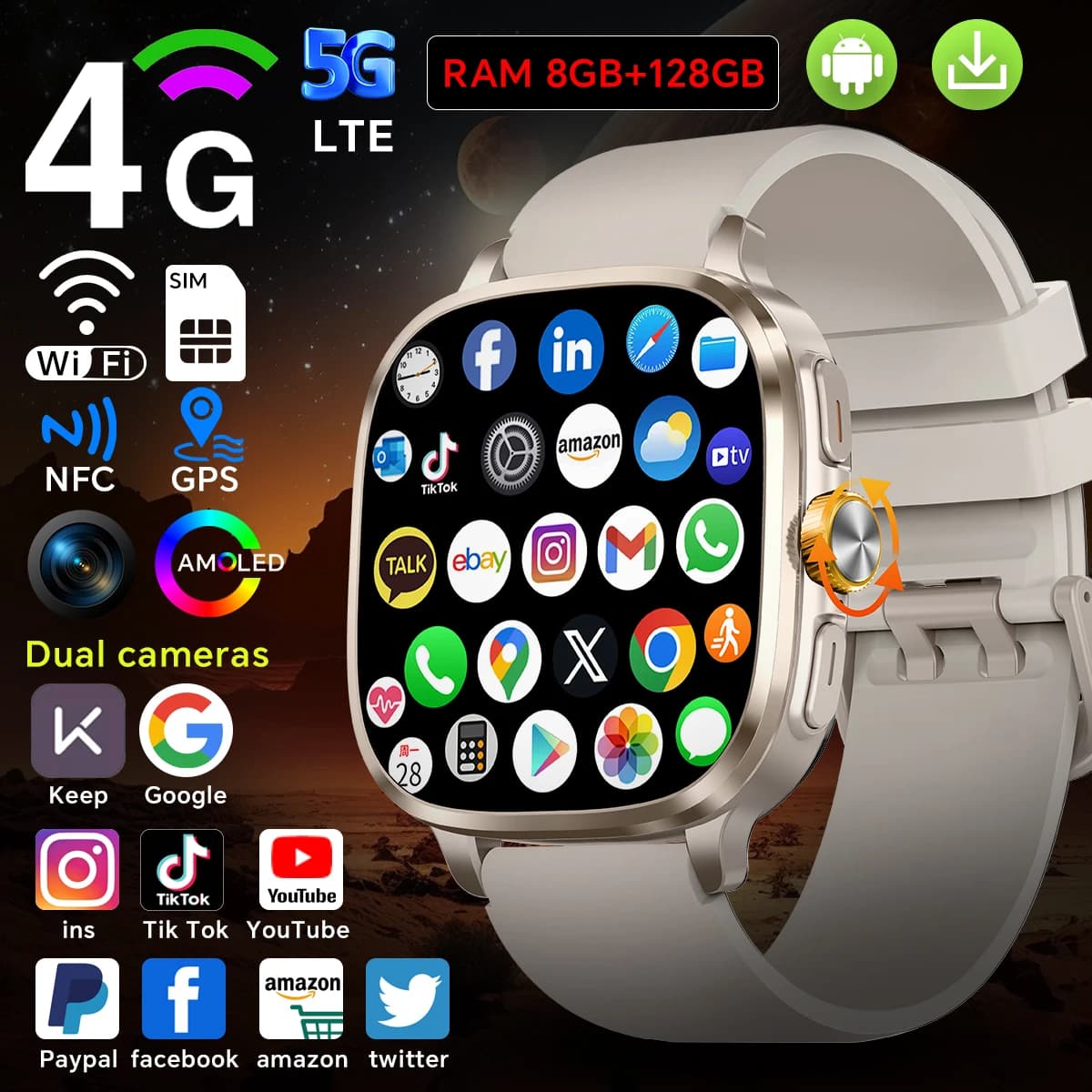 Versione globale Android 13.0 S99 Smartwatch Schermo Amoled da 2,4 pollici con inserto Sim Card GPS WIFI 190 ° Orologio intelligente da gioco con fotocamera rotante