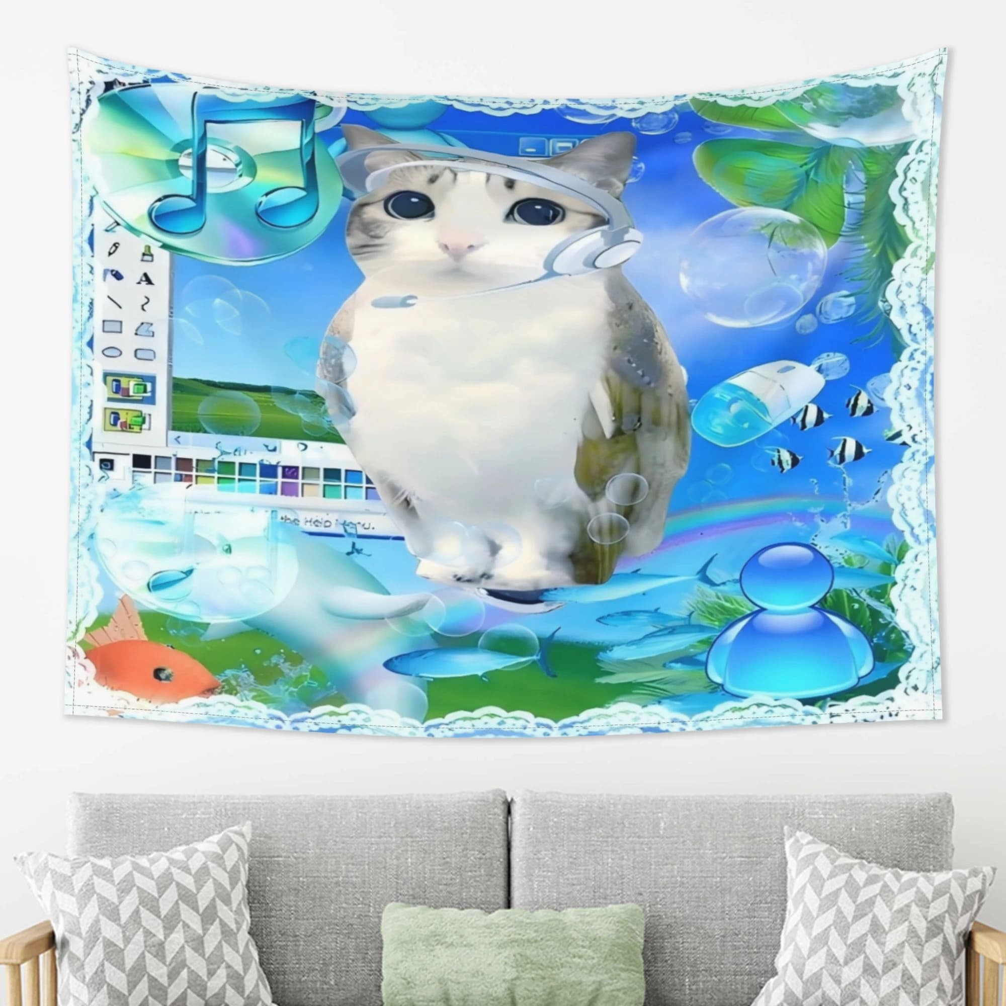 VIKAMA Vaporwave Meme Cat Wall Tapestry Retro Computer Bubble Fish Bohemian Aesthetic Decor Living Room Dorm