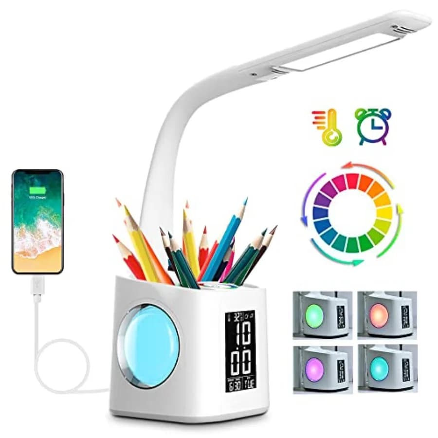 Lampada da Scrivania LED con Orologio, Luce Notturna Cambiacolore, Lampada da Studio con Portapenne, Luce da Tavolo con Caricatore USB per Casa e Ufficio