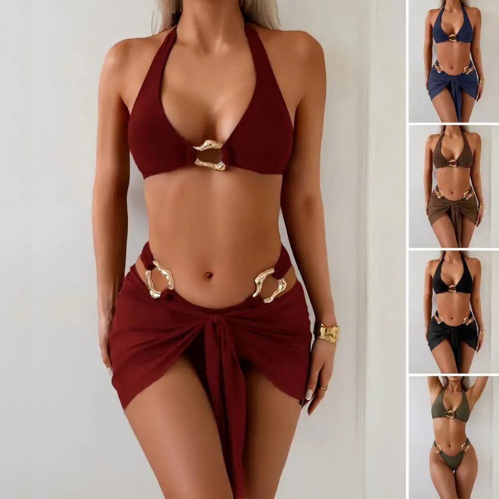 3Pcs/Set Women Swimsuit Set Halter Bra Hip Lift High Waist Briefs Halter Neckline Swimwear Metal Buckles Skirt Beach Swimwear
