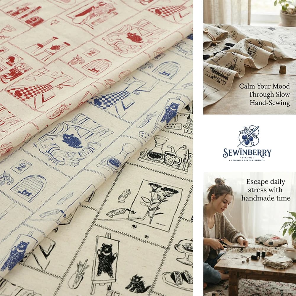 Vintage Line Drawing Grid Bear Cat Kitchen Sketch Print Cotton Fabric Stress Relief DIY Sewing Material For Doll Bag Apron